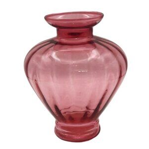 Vintage Pilgrim Hand Blown Glass Cranberry Optic Ribbed Vase Mid-Century Modern